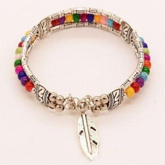 Multi Color Bead Bohemian Feather Silver - Picture 1 of 5